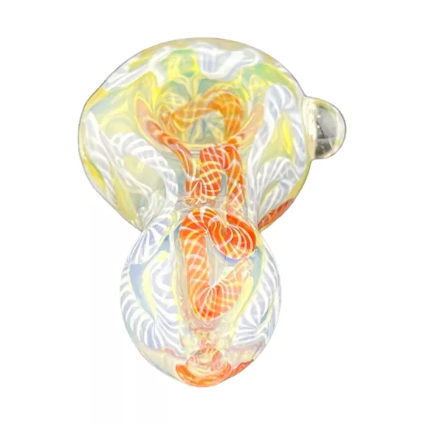 Abstract glass bubble design with multi-colored stripes and shapes, listed on smoking company website.