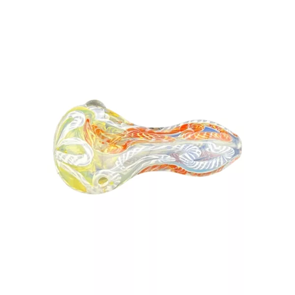Handcrafted clear glass smoking pipe with colorful swirl design and small handle.