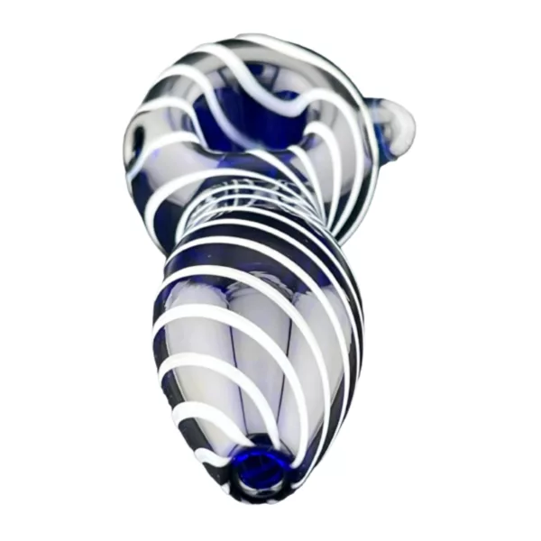 clear glass pipe with a blue and white striped swirl design. It has a small bowl and stem with a clear glass knob and sits on a white background.