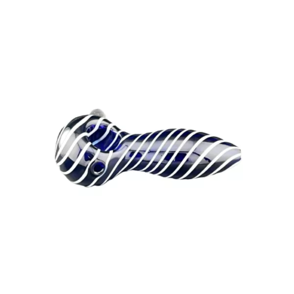 Blue and white striped glass pipe with small silver ring around hole at end. Curved shape, clear glass, sits on white background.