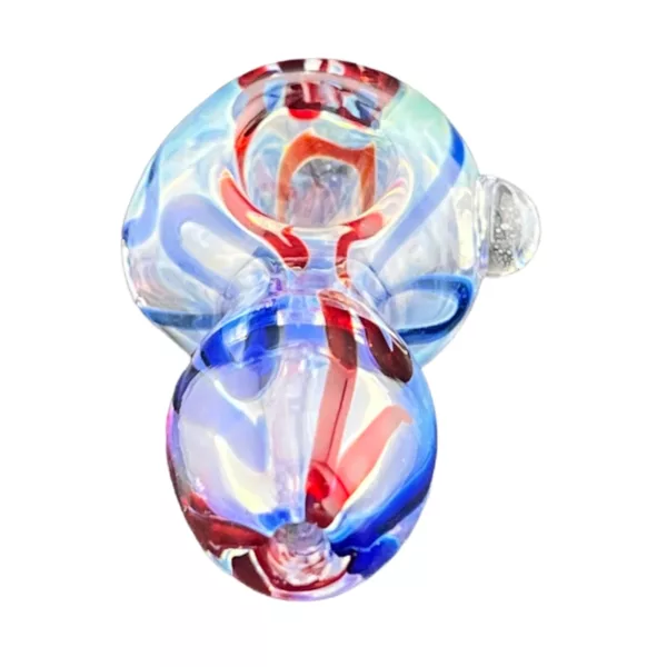 Round glass bead with red, white, and blue swirl design, smooth surface and shiny finish. Image taken from white background.