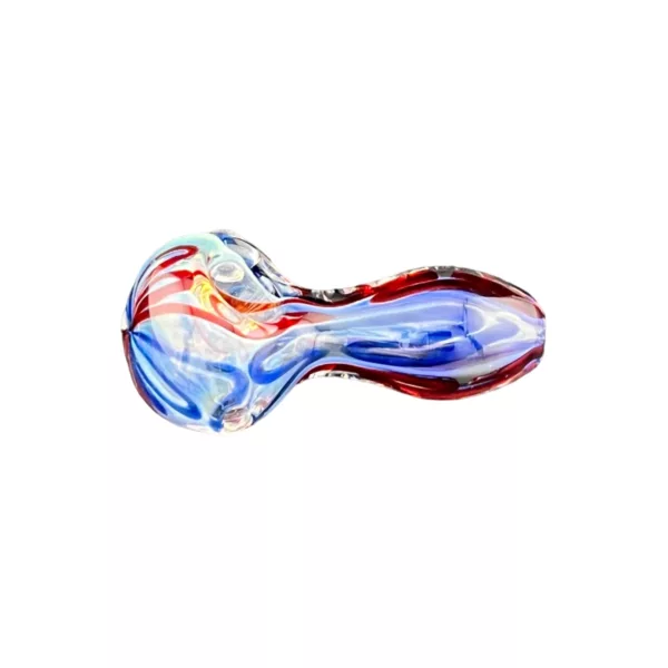 Colorful glass pipe with swirling design and small bowl for smoking.