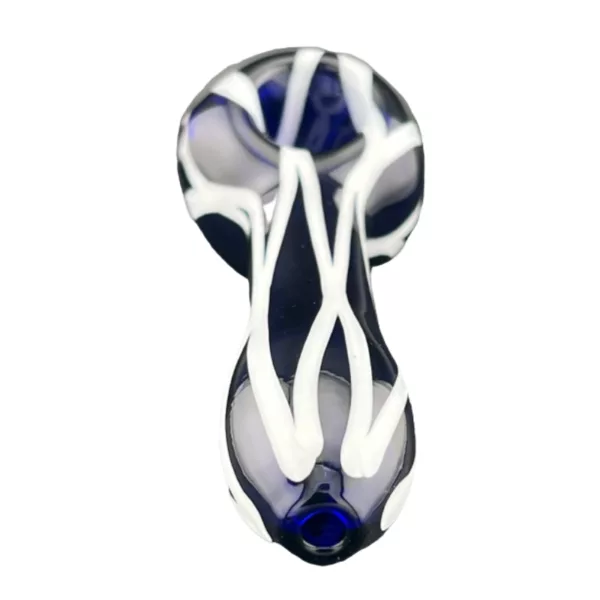blue and white glass pipe with a zigzag pattern and small bowl and stem. It is used for smoking tobacco or other substances.