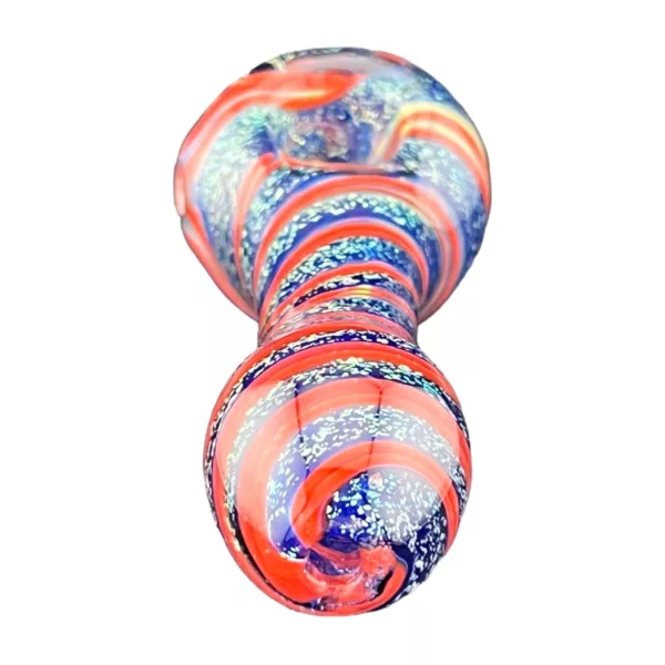Elegant glass bong with colorful, multi-dimensional designs and patterns in red, blue, white, green, and yellow, featuring circles and triangles.