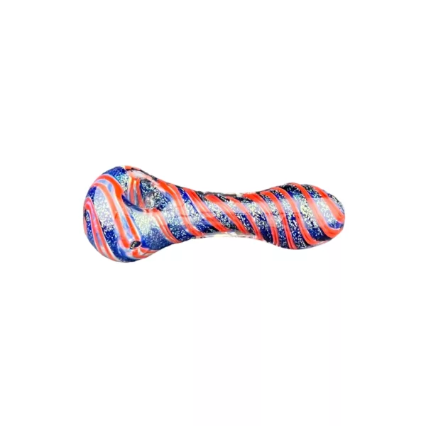 Red, white, and blue striped toy/clothing made of transparent plastic, curved shape with pointed end, sitting on white background.