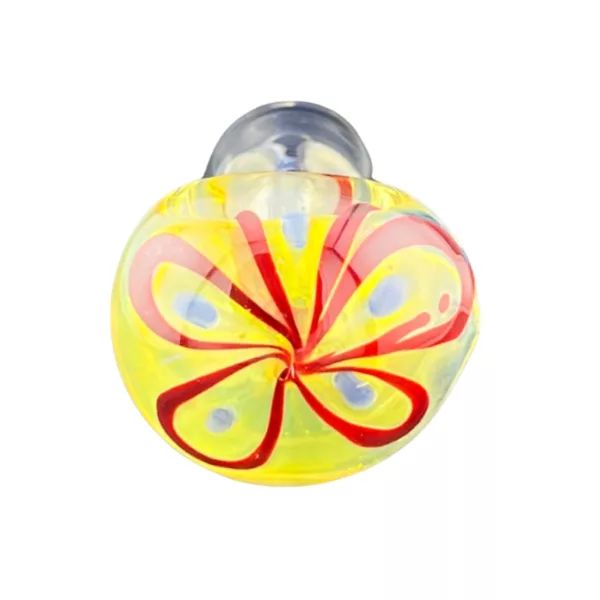 Flower Seed Hp CCWPF120 glass bead features a yellow and red swirl design on a smooth, round surface with bright, eye-catching colors and intricate detail.