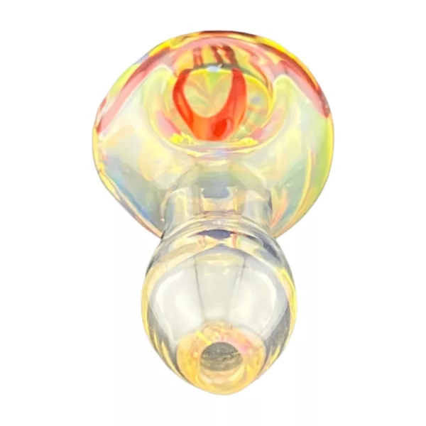 A clear glass pipe with a red and yellow swirl pattern, featuring a small round base, long curved neck, and mouthpiece shaped like a small curved tube. It has a smooth, glossy surface and is lying on its side in a white background.