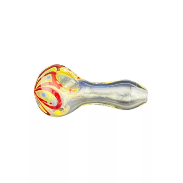 Colorful glass pipe with a vibrant, eye-catching design featuring swirls and spirals in shades of red, yellow, and blue. Cylindrical shape with a small, round base and a slightly tapered end.