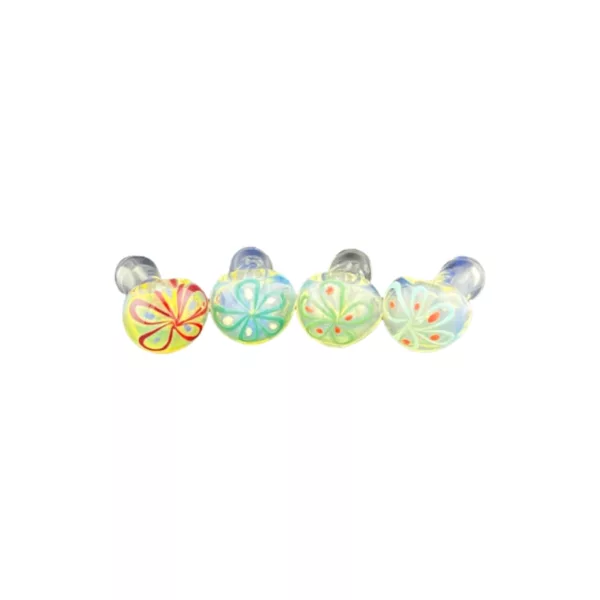Six unique glass jewelry pieces with colorful designs including a flower, wave, heart, diamond, leaf, and sun.