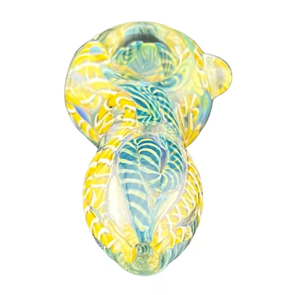 Elegant and stylish glass bong with yellow and blue floral design. Curved shape made of clear glass. Small and large bowls connected by a tube. Wide, flat base with small smoke exit hole. Perfect for on-the-go smoking.