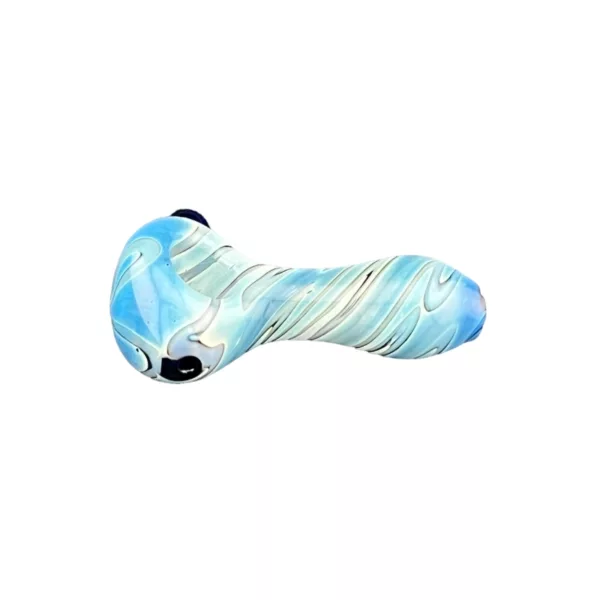 Blue and white swirled glass pipe with small hole, shaped like a curve on a white background.