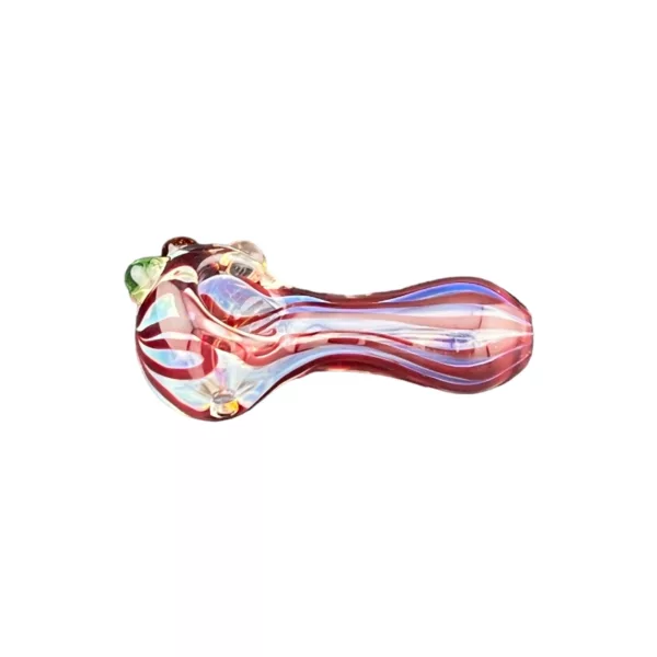 A glass pipe with a colorful, swirled design and a small bowl and stem. Made of clear glass and sitting on a white background.