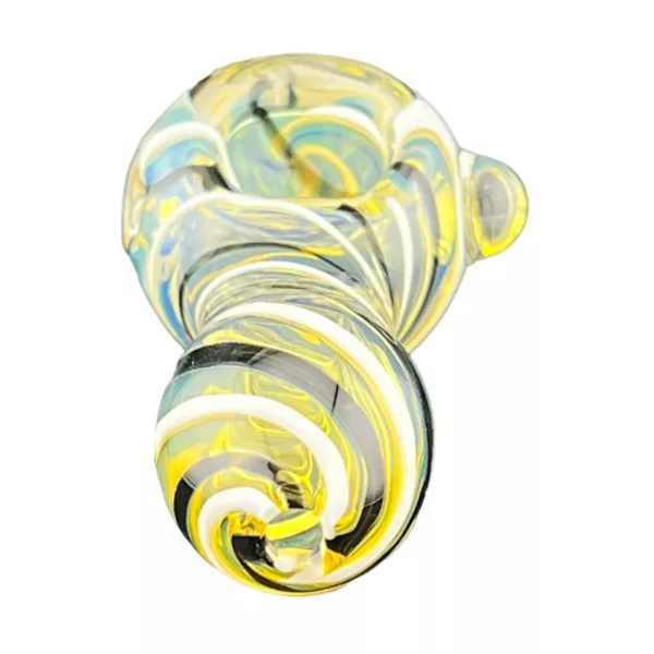 Translucent glass bong with yellow and black swirl pattern, shaped like a pipe or bong, free-standing.