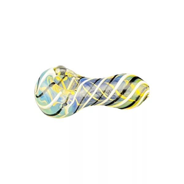 Swirled blue and yellow glass pipe with organic seashell shape. Fumed HP - CCWPF292.