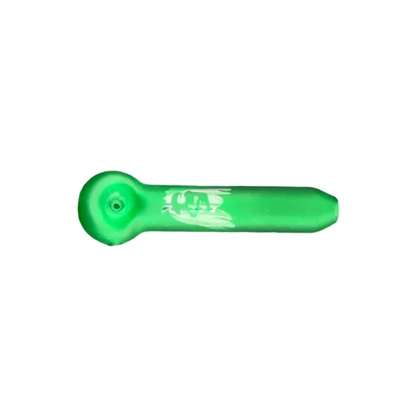 Green Marley Hand Pipe with tapered tip, small hole, large ring around middle, sits on white surface.