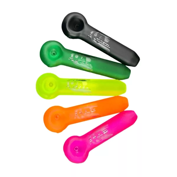 Five vibrant colored marley hand pipes in a row on white background, made of plastic and arranged in a row with a sense of movement and depth.