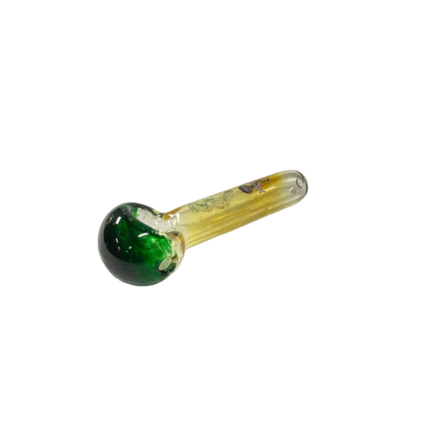 Sleek and modern glass bong with a round, bulbous shape and a small, curved bowl on top. It has a clear, curved mouthpiece and a small, circular handle on the side. The base is green with colorful swirls of light green and yellow.
