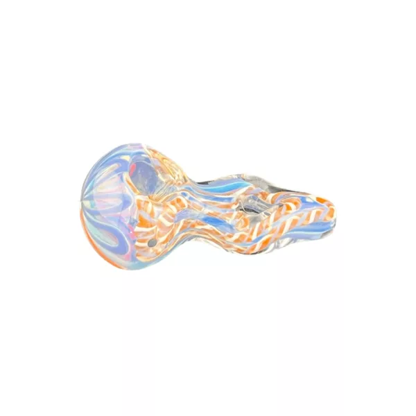 clear glass water pipe with a blue, green, and orange spiral design and a small handle on the side. It has a round base with a small hole for smoking.