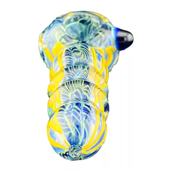 The image shows a sleek and modern glass pipe with a yellow and blue swirled design. The pipe has a small, round base and a long, curved neck, and the mouthpiece is shaped like a turtle’s head. The pipe appears to be made of clear glass, with the swirled design on the outside. The overall appearance of the pipe is sleek and modern.