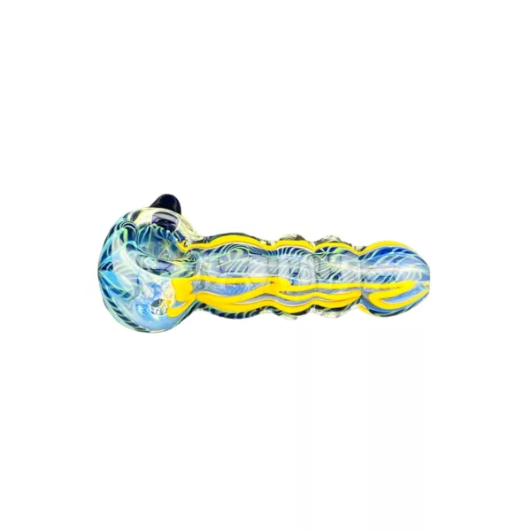 Sliver Surfer Hp glass pipe with a yellow and blue striped design. It has a small hole at the end and is made of clear glass. It's sitting on a white background.