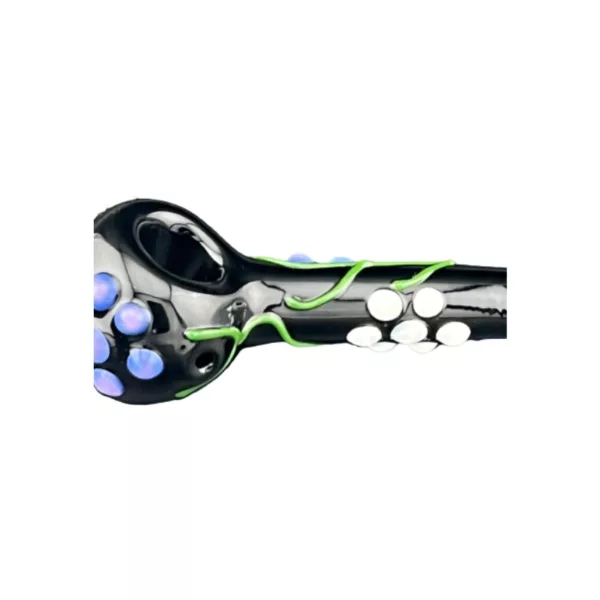 curved black and green glass pipe with a white and blue circular design featuring small dots. It has a small hole at the end and is sitting on a white background.