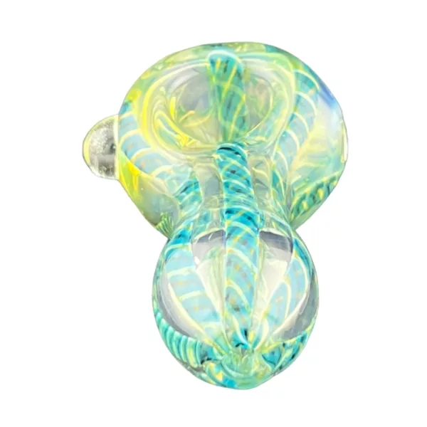 Stylish glass bubbler with blue, green, and yellow swirl design. Base has small circular hole and two side holes.