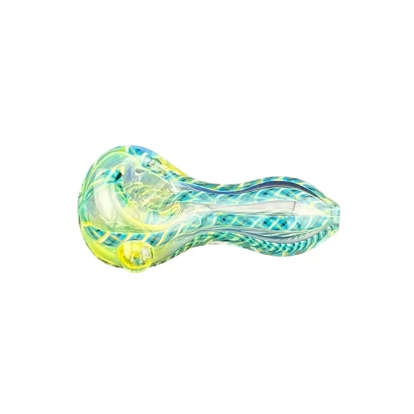 Unique glass pipe with blue and yellow swirl design. Small bowl and stem made of clear plastic with a knob.