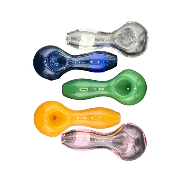 Four clear glass mini pipes with a bent crescent spoon in the center - CCWPF216.
