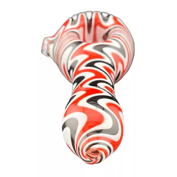 Glass swirl pipe with comfortable grip, round base and tapered end. Available in red, white, and black.