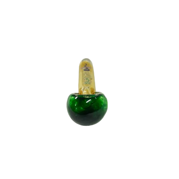 Jellyfish-shaped glass container with green and black colors, gold ring on top, and small bubbles on the body. Dynamic and energetic feel.