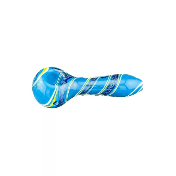 A colorful, spiral-shaped pipe with blue and yellow accents and an orange tip. Shiny surface and small white accents.