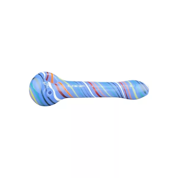 A colorful, spiral glass pipe/vase with white and multicolored sections.