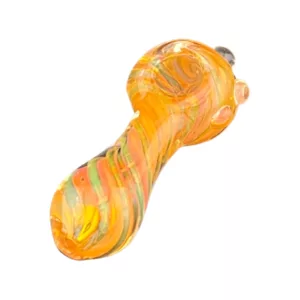 Glass pipe with orange and yellow swirl design, small hole at end, on white background. 3 Dot Pink Swirl Hp - CCWPF304 for sale on smoking company website.