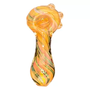 Glass pipe with swirled design in shades of yellow, green, and orange. Long, curved shape with small, round bowl and stem. Clear glass with small, round knob and hole surrounded by a series of clear glass rings.
