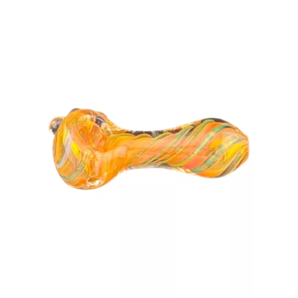 Smooth, glossy glass pipe with intricate orange, yellow, and white swirl pattern. Oval shape. No other details visible.