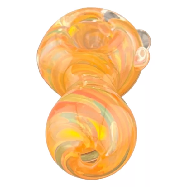 Multi-colored glass bubbler with pink, orange, and yellow swirl design, featuring a honeycomb percolator and clear base/stem.