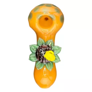 Handcrafted orange glass pipe with yellow & black flower design & a small bee. #CCWPF305