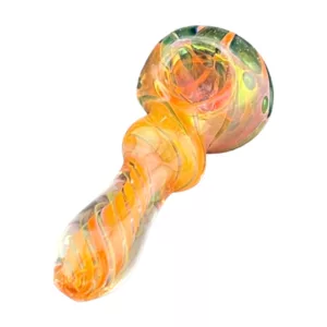 Swirled glass smoking pipe with orange, green, and blue colors. Curved shape, held in one hand, other hand reaching out. White background.