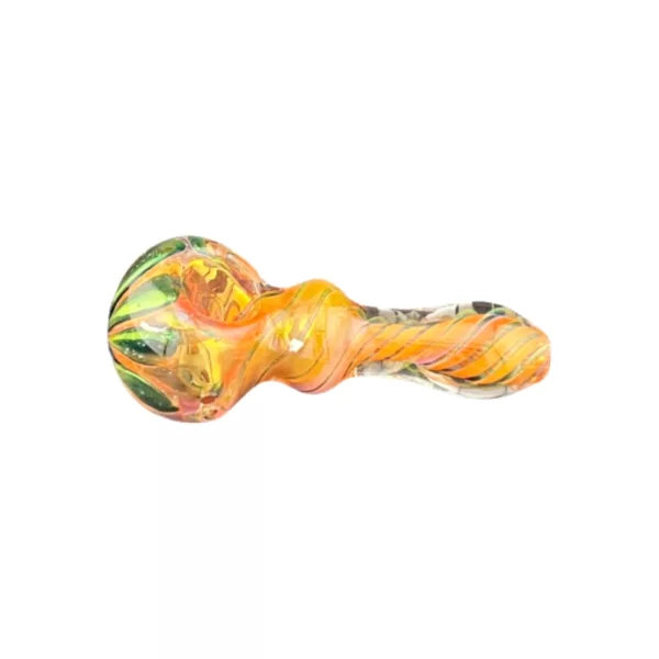 unique, eye-catching glass pipe with a swirled design in shades of orange, yellow, and green. It features a small bowl and stem, with a clear glass material and small knob on the end.