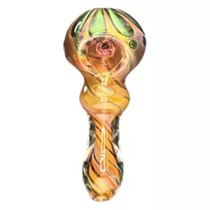 Twisted, colorful caterpillar-shaped waterpipe with abstract design and smooth stem. Tapered bowl with rounded rim.