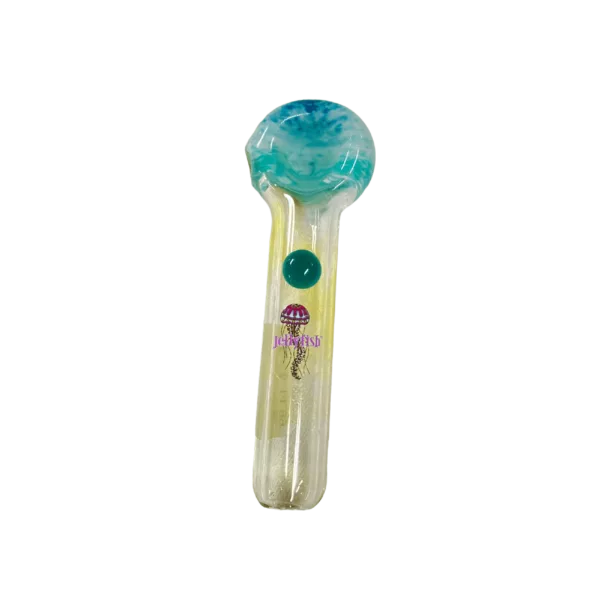 Glass pipe with a translucent design featuring a small, colorful jellyfish on the side.