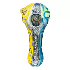 Nova Pipe - CCWPF325 features a turtle-shaped handle made of clear, blue, and yellow glass and a yellow band near the base of the bowl.