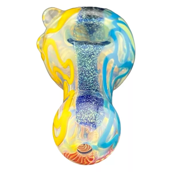 Swirly glass pipe with spiral stem, blue ring, and flared end. Functional and stylish. #NovaPipe #CCWPF325
