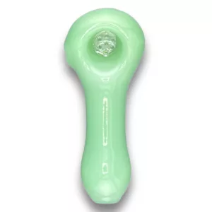 This Frosted Lucky Screen Pipe by CCWPF309 is a small, green glass pipe with a single hole and a frosted finish.