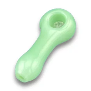 A green glass pipe with a long, curved shape and small, round bowl and stem, sitting on a white background.
