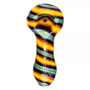 Hand-blown glass pipe with colorful spiral design and wide bowl for comfortable use. Groovy HP CCWPF308.