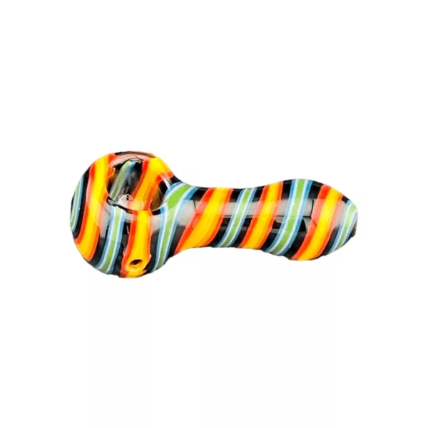 Glass pipe with colorful, striped design, curved shape, and small bowls and stem. Decorated with repeating spiral patterns.