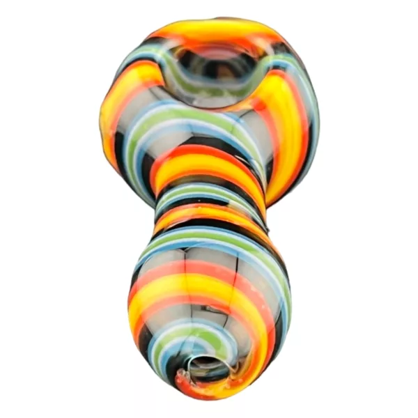 Glass pipe with spiral pattern in orange, yellow, and green shades. Transparent bowl and stem. Small chamber in center. Flared base with circular hole.