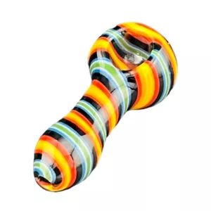 Groovy HP CCWPF308 glass pipe features a multicolored, abstract design with a long, curved shape and small, round base.
