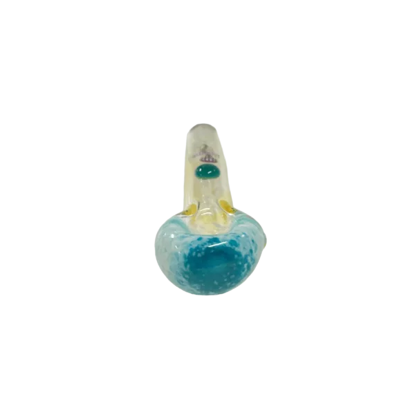 Glass jellyfish-shaped vaporizer with intricate design, clear body, and striped tentacles. Perfect for water-based vaping.